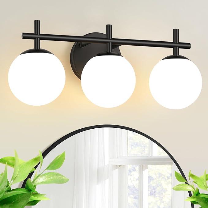 3-Light Bathroom Light Fixtures, Matte Black Vanity Lights for Bathroom with Milky White Glass Ball Shades, 18.9 inch Bathroom Lighting Fixtures Over Mirror, Wall Sconce for Bedroom (Exclude G9 Bulb)
