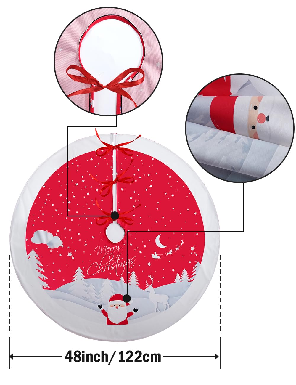 Multiwins Christmas Tree Skirt 48 inches, Red Tree Skirt Ornaments Soft Plush Christmas Tree Mat with Cute Santa Claus White Reindeer Christmas Tree Skirts for Holiday Party Indoor Outdoor