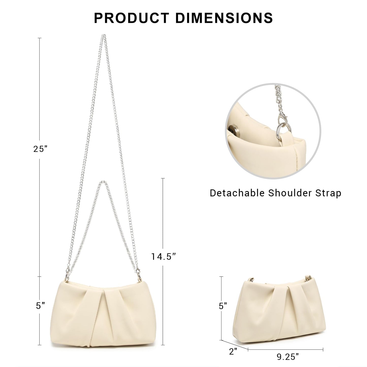 Dasein Elegant Pleated Evening Bag Soft Vegan Leather Clutch Purse Dressy Formal Handbag with 2 Chain Straps for Women (Apricot)