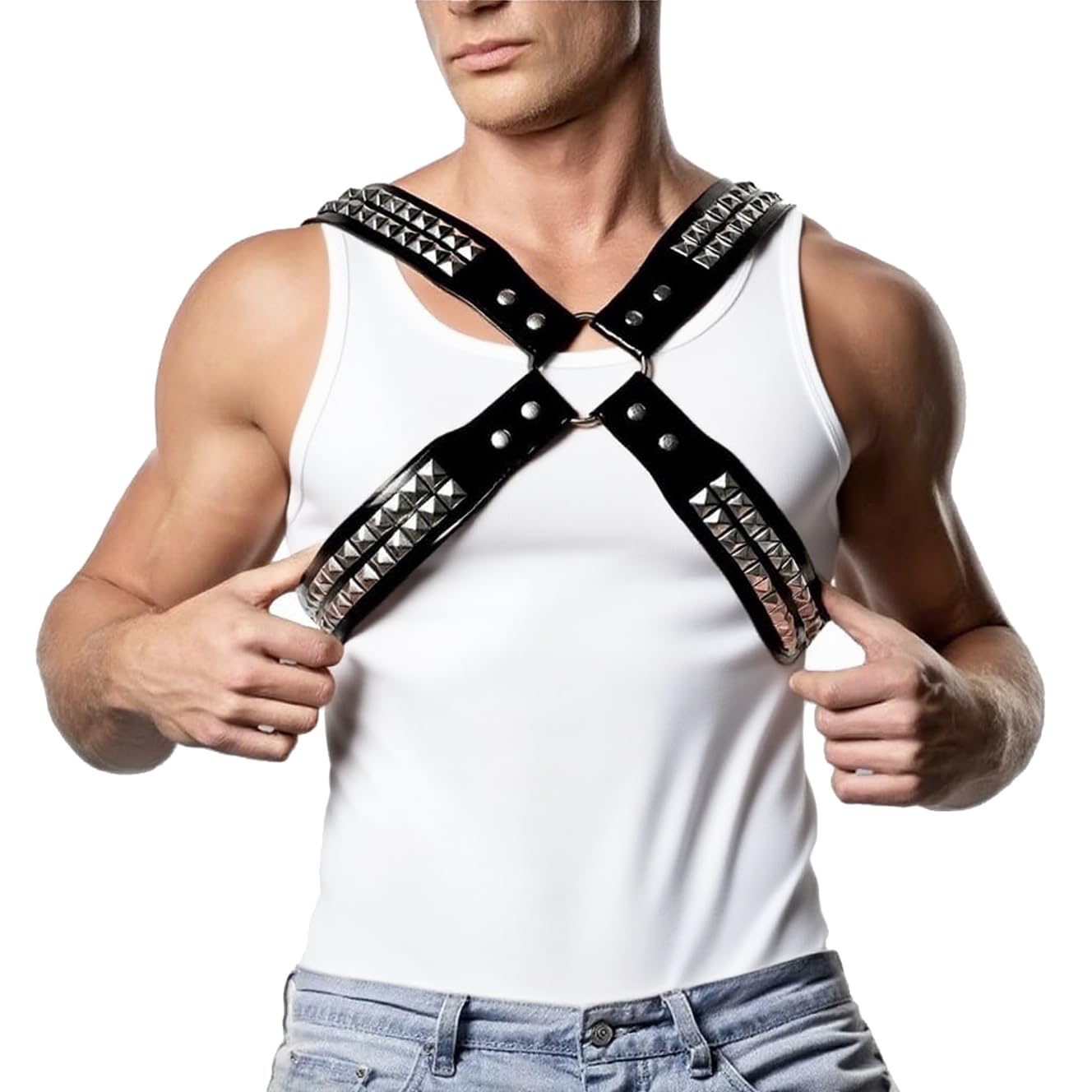 Men's X-Strap Chest Harness with Rivets, Adjustable PU Leather Body Harness Belt for Punk Cosplay, Muscle Show Clubwear Nightclub Stage Party Outfits X023