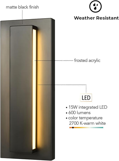 GLOBE Electric 60000172 15W LED Integrated Outdoor Wall Sconce, Matte Black, Frosted Acrylic, 600 Lumens, 2700 Kelvin, 90 CRI