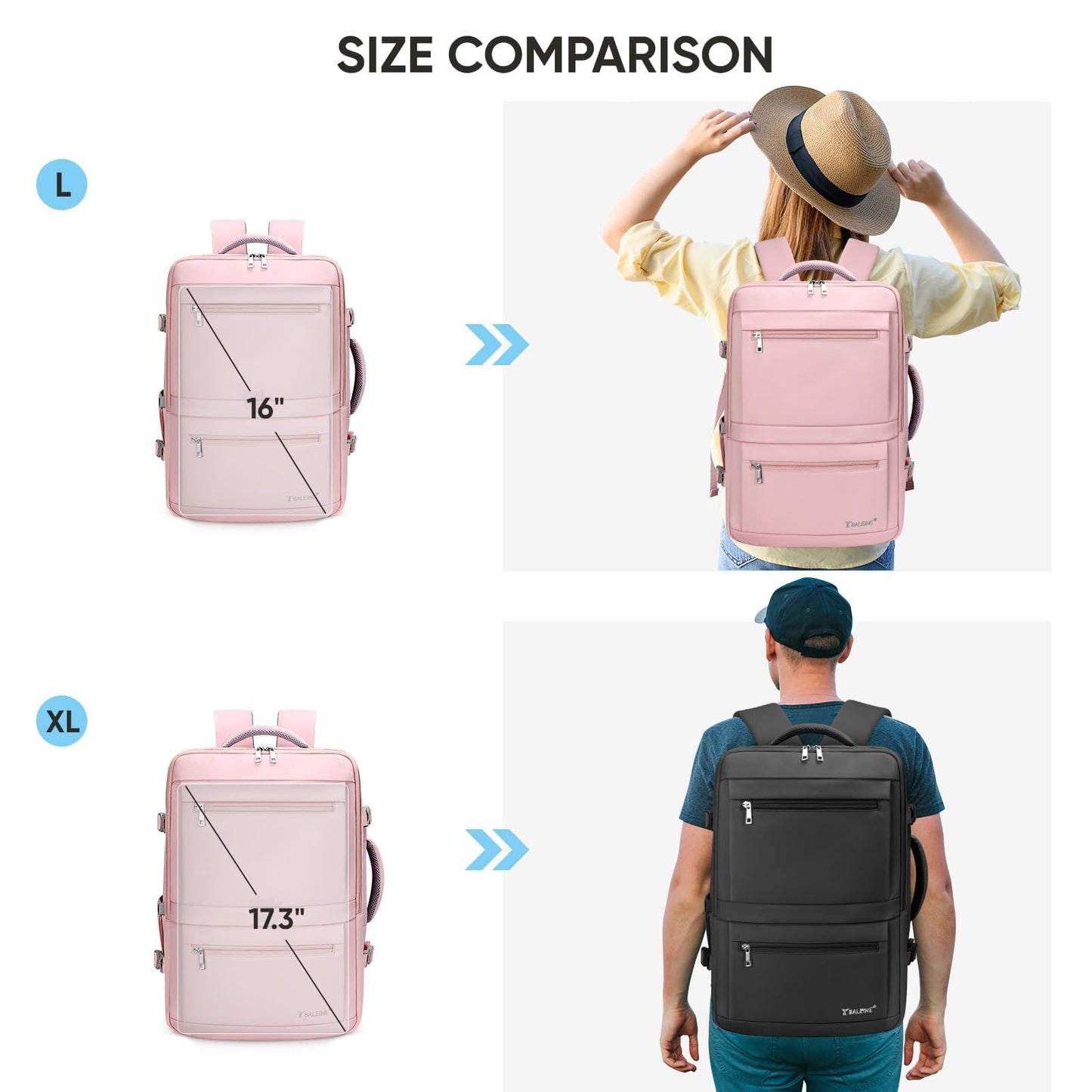 BALEINE Travel Backpack for Women Men, Large Sturdy Carry On Laptop Backpack Gifts for Business, Casual, Weekender, Hiking (Large, Pink)