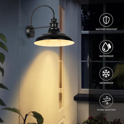 Dusk to Dawn Sensor Outdoor Barn Light Fixture, 16 Inch Dome Farmhouse Outdoor Wall Sconce, Rustic Gooseneck Exterior Wall Mount Light, Industrial Black White Wall Lantern for Porch, 1 Pack