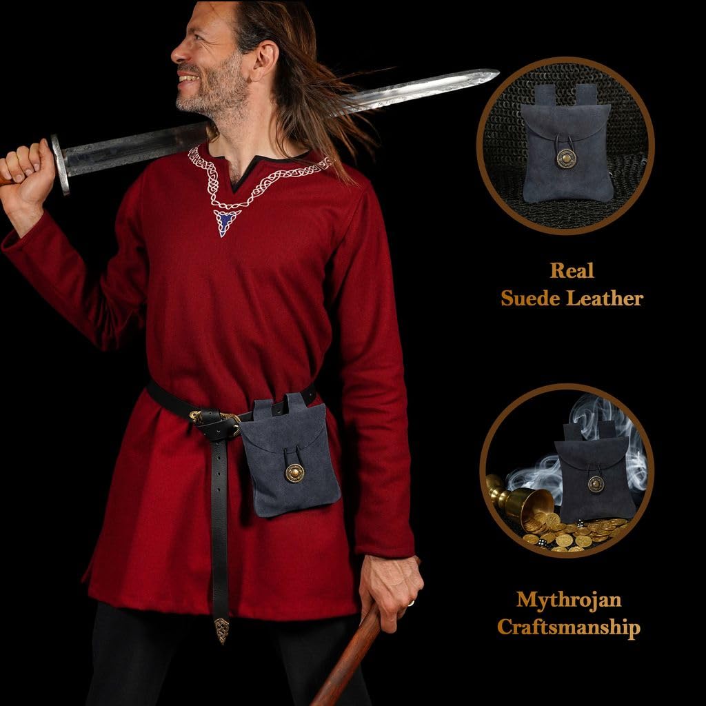 Medieval Belt Bag Renaissance Suede Jewelry Belt Pouch LARP Costume Waist Bag Cosplay Costume Accessories - Midnight Navy Blue, 5.9" x 5.7"