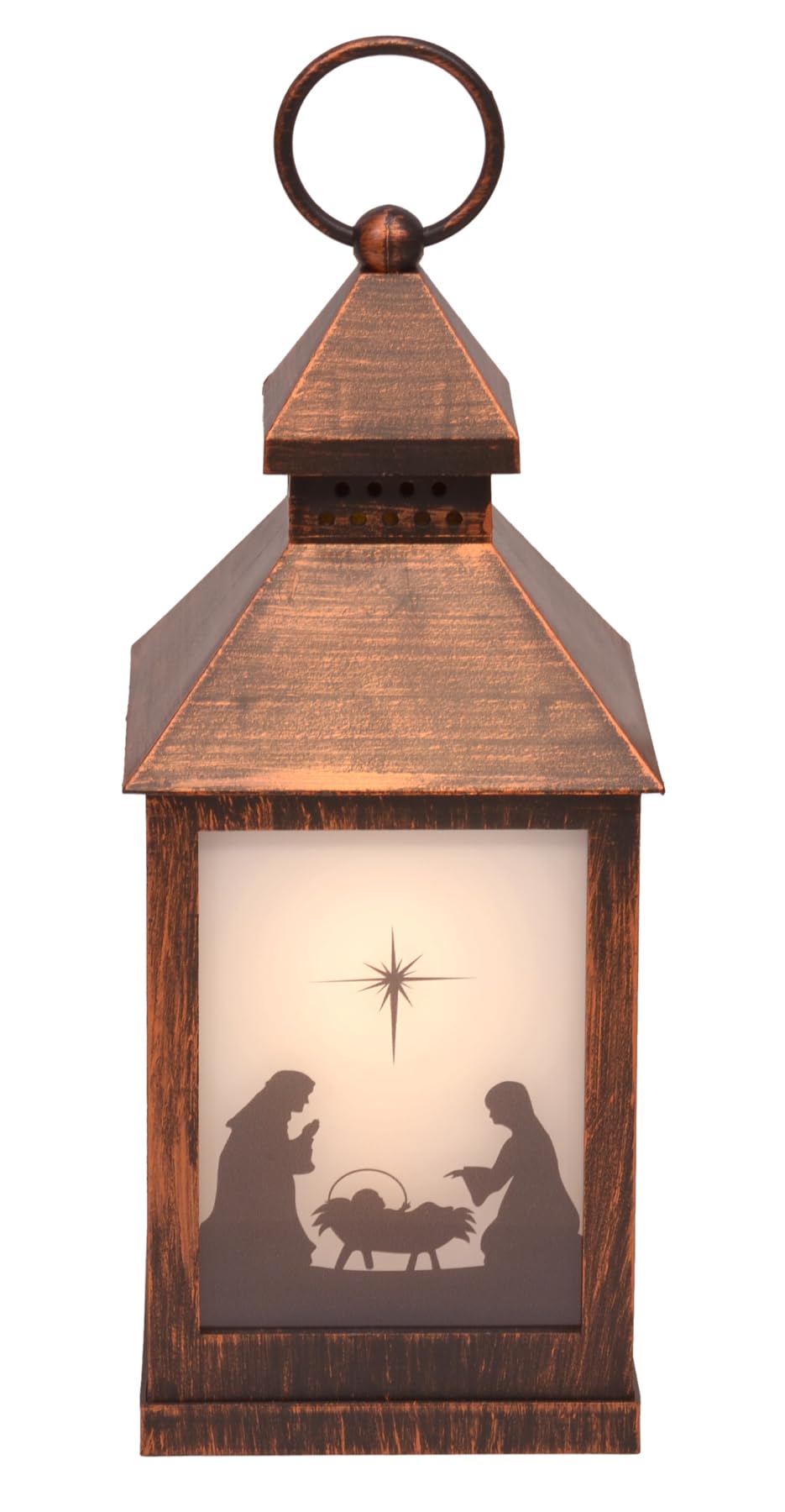 Antique Bronze Inspirational Silhouette Nativity Scene LED Flameless Holiday Candle Lanterns, Set of 3, 9.5 Inch