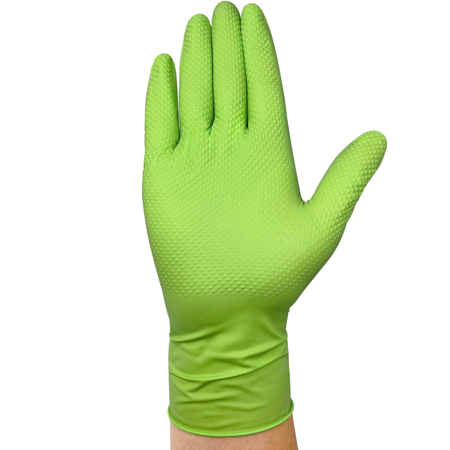 TitanFlex Heavy Duty Green Industrial Nitrile Gloves, 8-mil, XL, Box of 100, Latex Free, Raised Diamond Texture Grip, Powder Free, Food Safe, Rubber Gloves, Mechanic Gloves