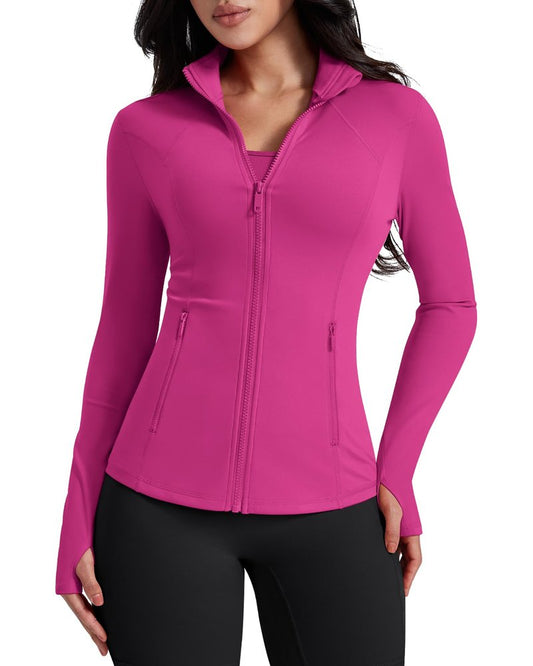 AVGO Womens Workout Jackets Lightweight Athletic Zip Up Jacket Slim Fit Running Gym Top with Pockets & Thumb Holes(Hot Pink, XS)