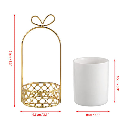 JUXYES Ceramic Silverware Holder For Tabletop, White Cutlery Holder With Golden Metal Bracket, Decorative Flatware Holder Countertop Utensil Holder Organizer for Wedding Kitchen Dining Tables