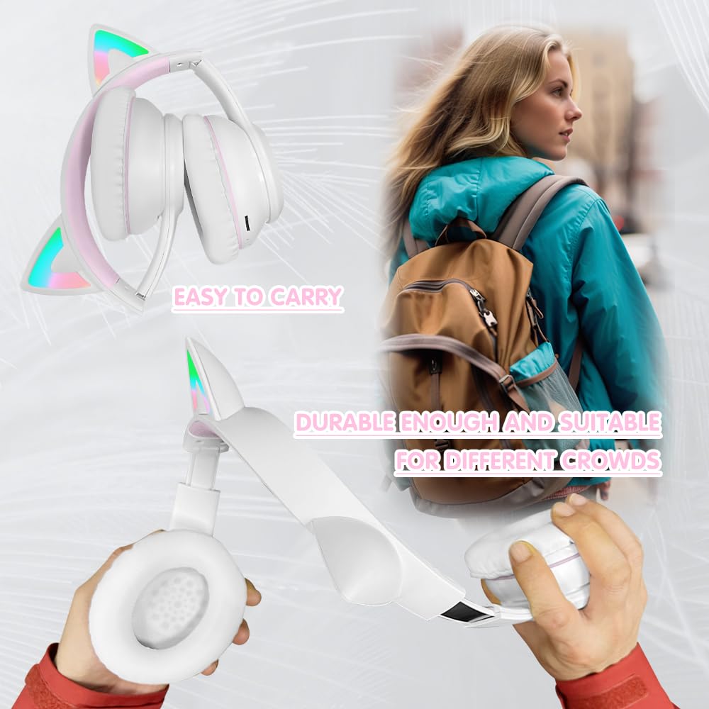 Mokata Gaming Bluetooth 5.0 Wireless Headphones Over Ear Cat Led Light Foldable Music Headset with Aux 3.5mm Microphone (Built-in) for Adult & Kids PC TV Game Music Pad Laptop Cellphone White