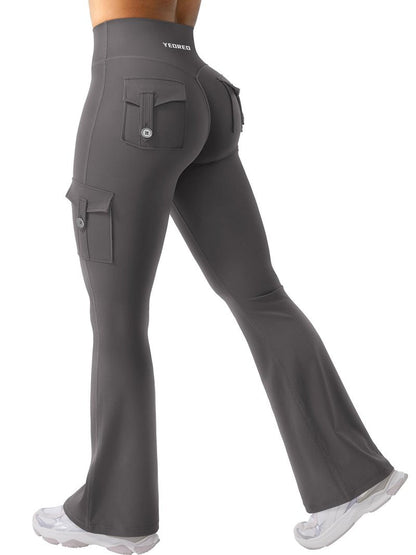 YEOREO CoreFlex Women Workout Flare Leggings with Pockets Hidden Scrunch High Waisted Cargo Gym Yoga No Front Seam Leggings Dark Grey XS