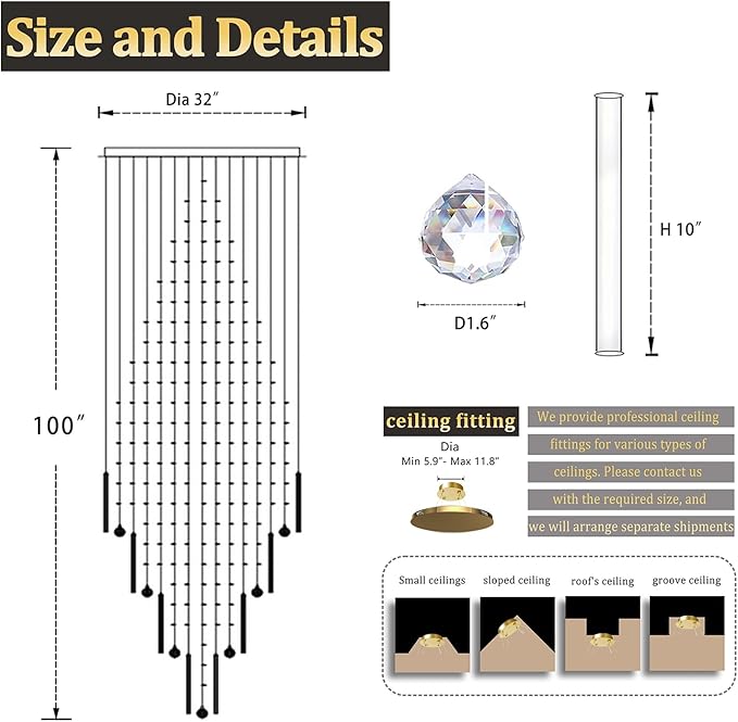 Flashing God D32''X H100'' Extra Large Chandeliers for High Ceilings Square Crystal Raindrop Gold Chandeliers Large Villa Chandelier Entrance Foyer Ceiling Light LED Dimmable 2700K-6000K