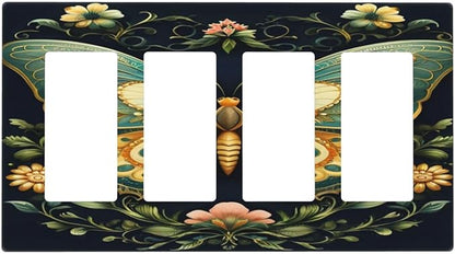 Butterfly Ornate with Flower Light Switch Cover 4 Gang Rocker Decora Outlet Covers Wall Plate Decorative Switchplate Electrical Faceplate GFCI for Farmhouse Living Bedroom Decor