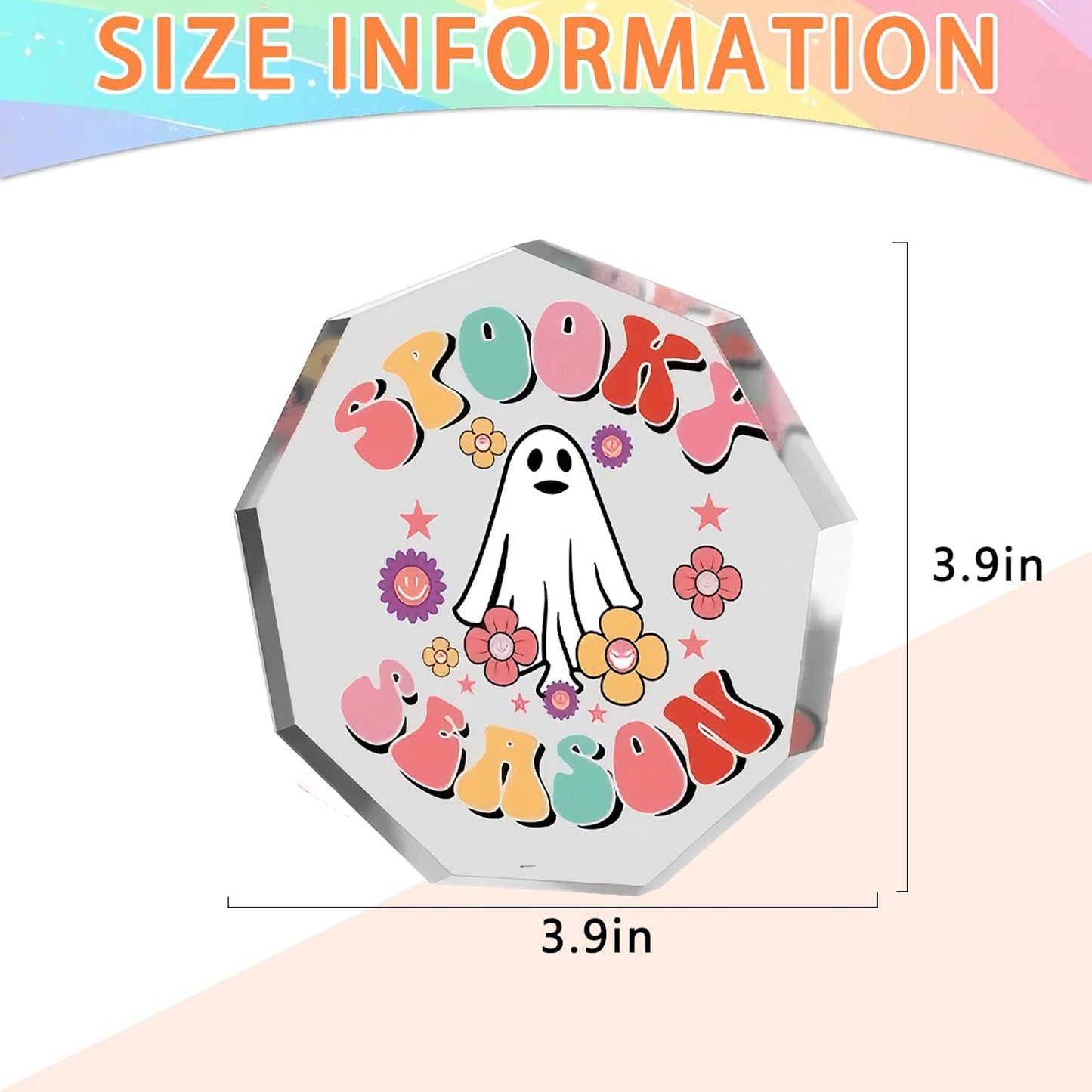 BHOOKA Cute Halloween Ornaments Clear Acrylic Enneagon Shaped Desk Sign Little Ghost & Flower Theme Plaque Happy Halloween Decorations for Holiday Party Home, Desktop Ornament Gifts