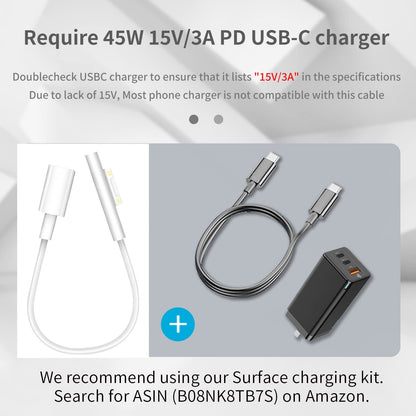 Surface to USB C Charging Cable (Female USB-C, 20 cm), Compatible with Microsoft Surface Pro 7/6/5/4/3 Go3/2/1 Laptop4/3/2/1, Requires 45W 15V/3A USB-C Charger