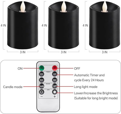 3x4 Flickering Flameless Candles Set of 3,Real Wax Pillar led Candles Flickering,with Timer,4 inch Flameless Candles with Remote,for Holiday Home Decor Party,Black