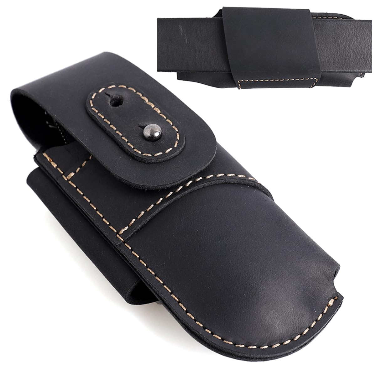Topstache Leather Knife Sheath for Belt - Horizontal Carry Knife Holster - EDC Belt Organizer - Leather Multitool Sheath Pouch with Two Snap Closure for Folding Knife, Black