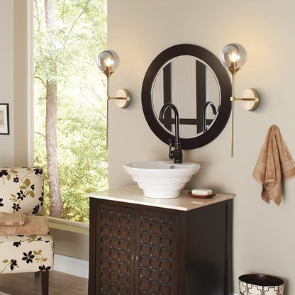BOKT Brushed Brass Gold Wall Mounted Sconce Set of 2 Mid Century Modern Long Globe Wall Light Fixture Vintage Smoke Gray Glass Wall Sconce Lighting (Smoke Gray)