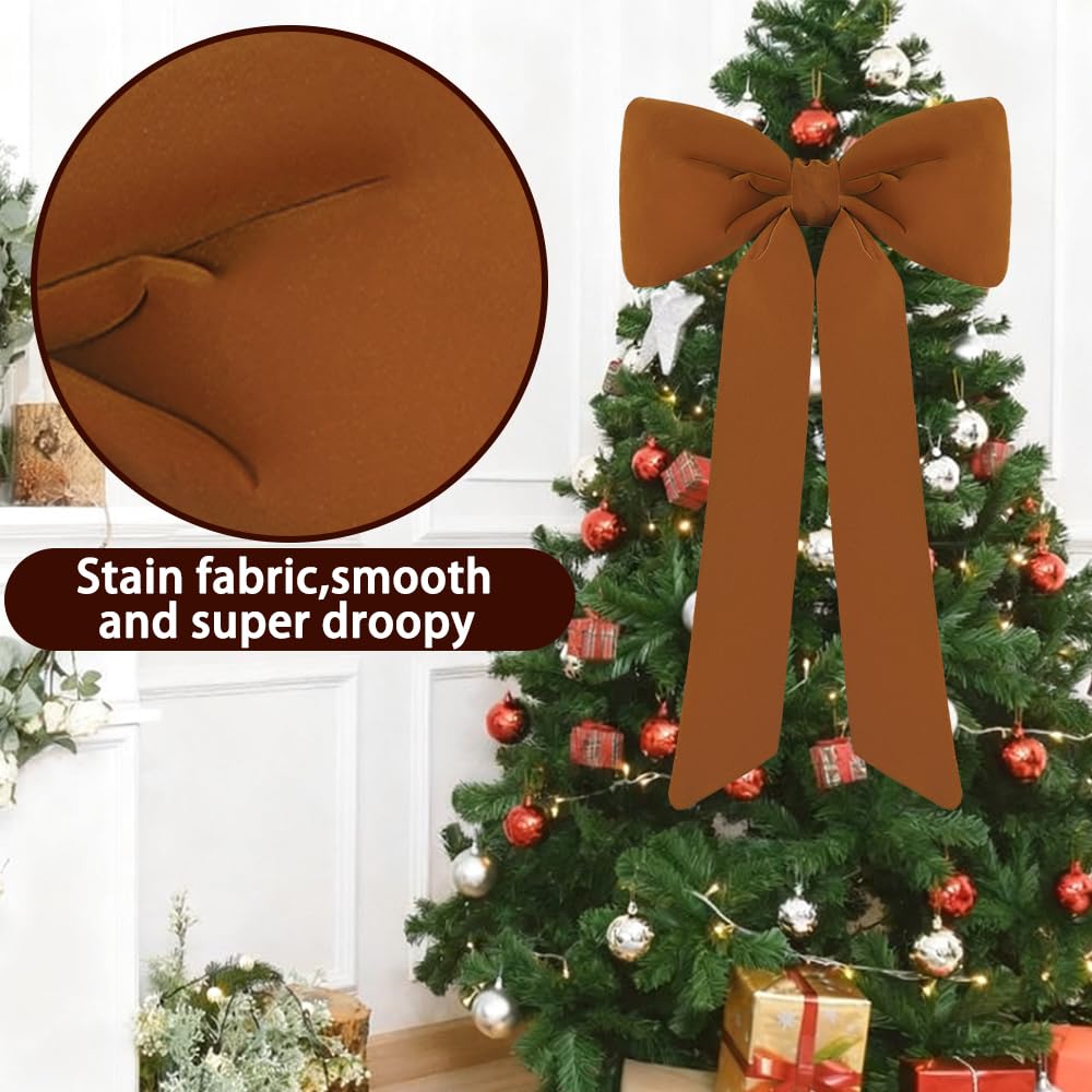 Celltestria Large Christmas Bow Ornament 15x30 Inch Velvet Giant Wreath Bows Xmas Tree Topper Ribbon Hanging Bows for Christmas Holiday Home Wall Outdoor Indoor Party Garland Crafts Decoration(Khaki)