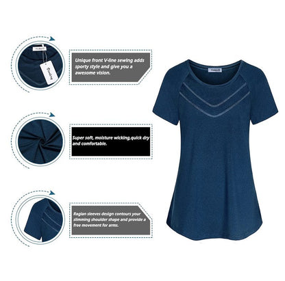 Vldnery Sweat Wicking Workout Tops for Women Short Sleeve Yoga Activewear Running Shirts Gym Athletic T-Shirts Crewneck Sports Clothes, Dark Blue Large