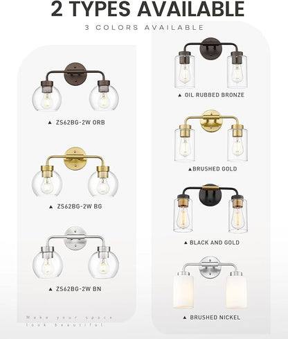zeyu Modern Bathroom Vanity Lamp, Globe Vanity Light for Bathroom, 2-Light Wall Mirror Light, Brushed Nickel Finish with Clear Glass Shade, ZS62BG-2W BN