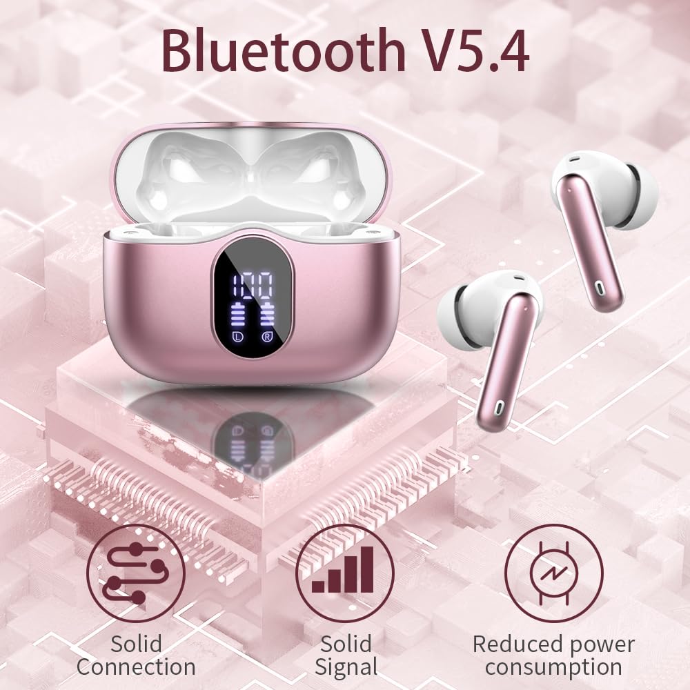 Wireless Earbuds Bluetooth 5.3 Headphones Bass Stereo Ear Buds with Noise Cancelling Mic LED Display in Ear Earphones IP7 Waterproof 36H Playtime for Laptop Pad Phones Sports Workout Pink Gold