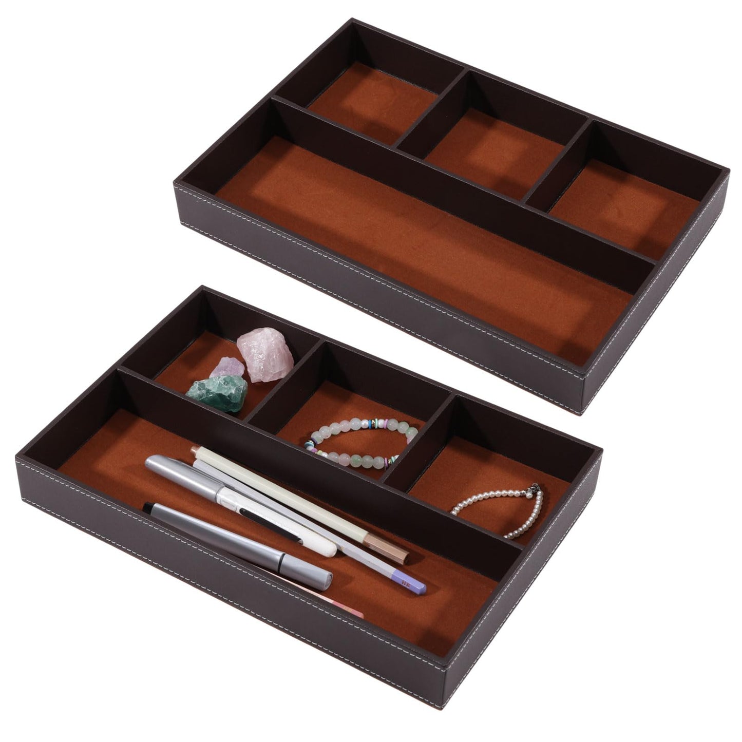 CONCHLERY 2 Pcs Desk Drawer Organizer 4 Grid PU Leather Drawer Storage Organizer Multi-Purpose Storage Desktop Organizers Tray for Office Home, Brown, 30.3x20.3x4.15cm
