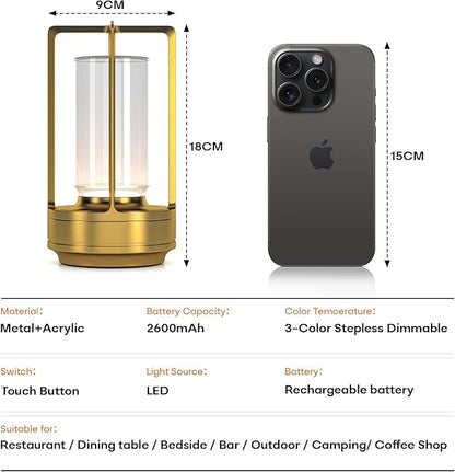Portable Metal Table Lamp for Indoor/Outdoor ,Rechargeable Cordless LED Lamp, 3-Colour Infinitely Dimming Battery Powered Small Desk Lamp, Restaurant/Bedroom/Bar/Coffee/Camping Light (Gold Set of 2)