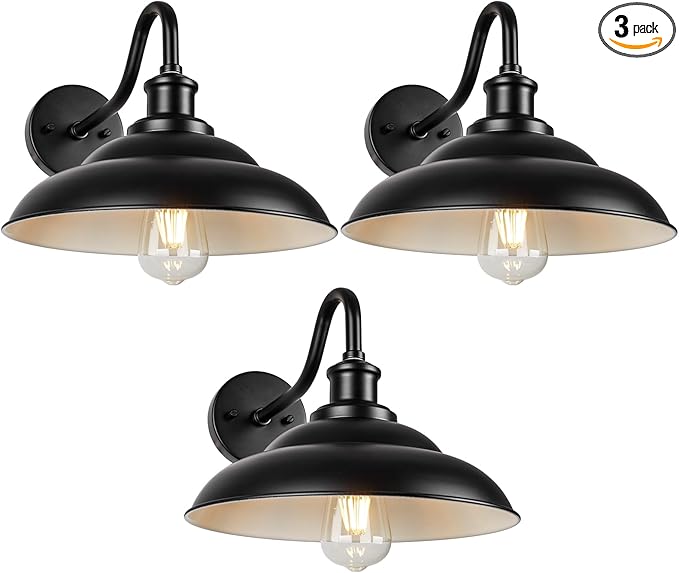 Outdoor Gooseneck Barn Light, 12'' Farmhouse Exterior Wall Mount Light, Outdoor Indoor Wall Sconce, Exterior Porch Lighting Fixture, Industrial Outside Black Lantern for Entryway Garage, 3 Pack