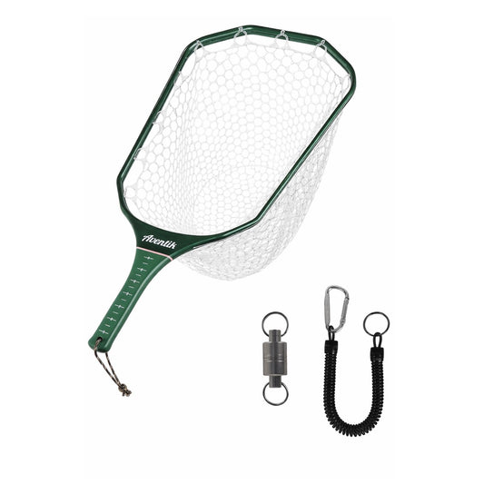 Aventik Floating Fly Fishing Net – Carbon Fiber Lightweight Landing Net with Clear Rubber Ghost Mesh for Trout – Catch and Release Friendly (Green with Standard Handle)