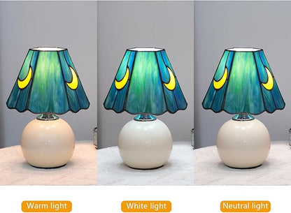 Mushroom Tiffany Lamp Stained Glass Moon Lamp Small Bedside Table Lamps for Bedroom Dorm Living Kitchen, Home Birthday Christmas Thanksgiving Day Gift (Sea Blue)