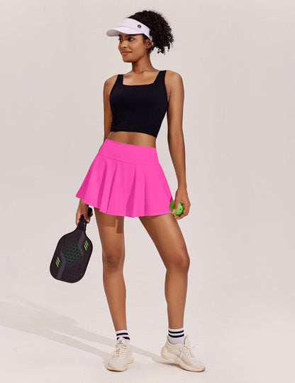 PINSPARK Pleated Skirts for Women Tennis Skorts with Pockets Moisture Wicking Golf Skirt with Shorts Underneath, Neon Pink XL