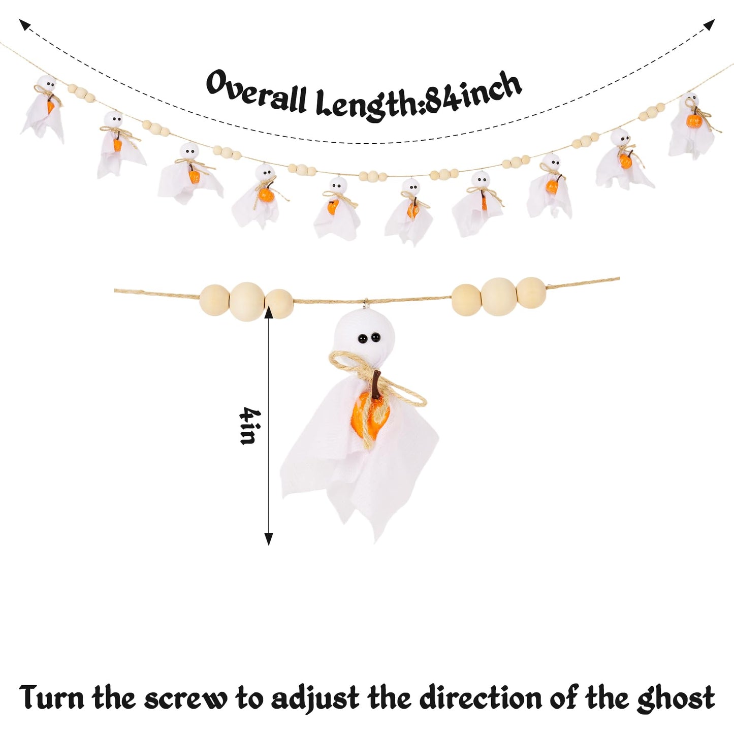 Cute Halloween Ghost with Wooden Beads Garlands, Handmade Rustic Halloween Banner for Wall Home Indoor Outdoor Spring Decor Supplies (Pumpkin)