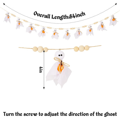Cute Halloween Ghost with Wooden Beads Garlands, Handmade Rustic Halloween Banner for Wall Home Indoor Outdoor Spring Decor Supplies (Pumpkin)