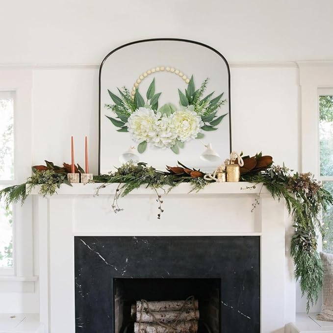 Spring Wreaths for Front Door 10" Artificial Floral Wood Bead Wreaths Eucalyptus Leaves Peony Hydrangea Wreaths for Front Door Boho Farmhouse Wall Decor 2 Pack - White