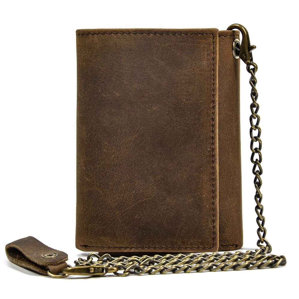 PINKPIN Mens Wallets with Chains, Genuine Leather Trifold Wallet RFID Blocking Anti-Theft Chain for Biker, Motorcycle (Brown)