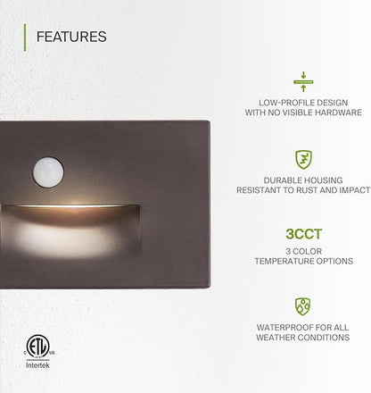 ASD LED Recessed Step Light Fixture, Outdoor & Indoor Stair Tread Lighting | 3CCT, Motion Sensor, Waterproof, ETL Listed | 3W 120LM 3000K-5000K 120V | Staircase Hardwired Illumination | Dark Bronze