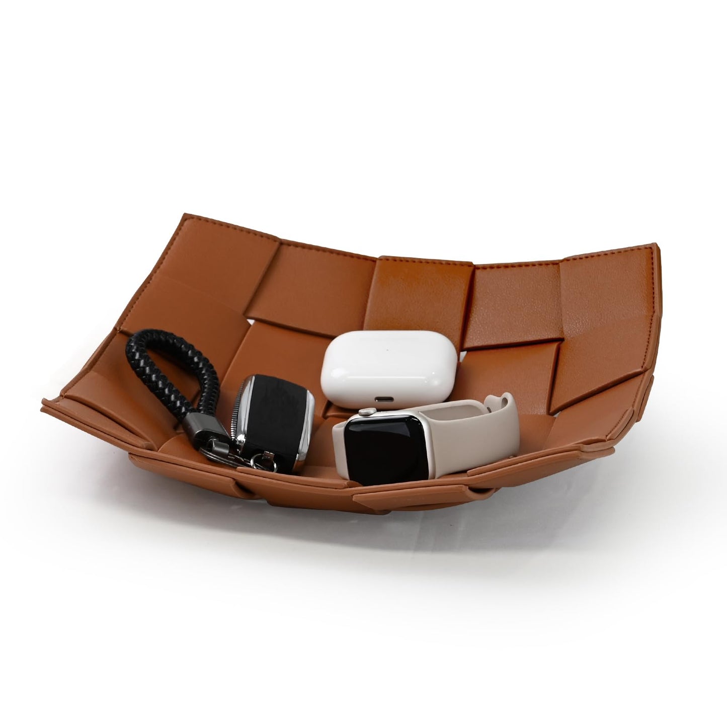 Valet Tray PU Leather Key Holder Bowl for Men and Women Entryway Table Nightstand Catchall Storage Organizer EDC Dump Tray for Wallet, Keys, Coins Men's Gift - Brown, 9.8" L x 9.8" W x 2" H