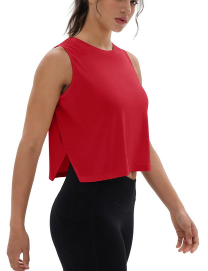 MAGCOMSEN Tank Tops for Women Quick Dry Basic Sleeveless Workout Cropped T-Shirts Athletic Tops with Side Slits Red L