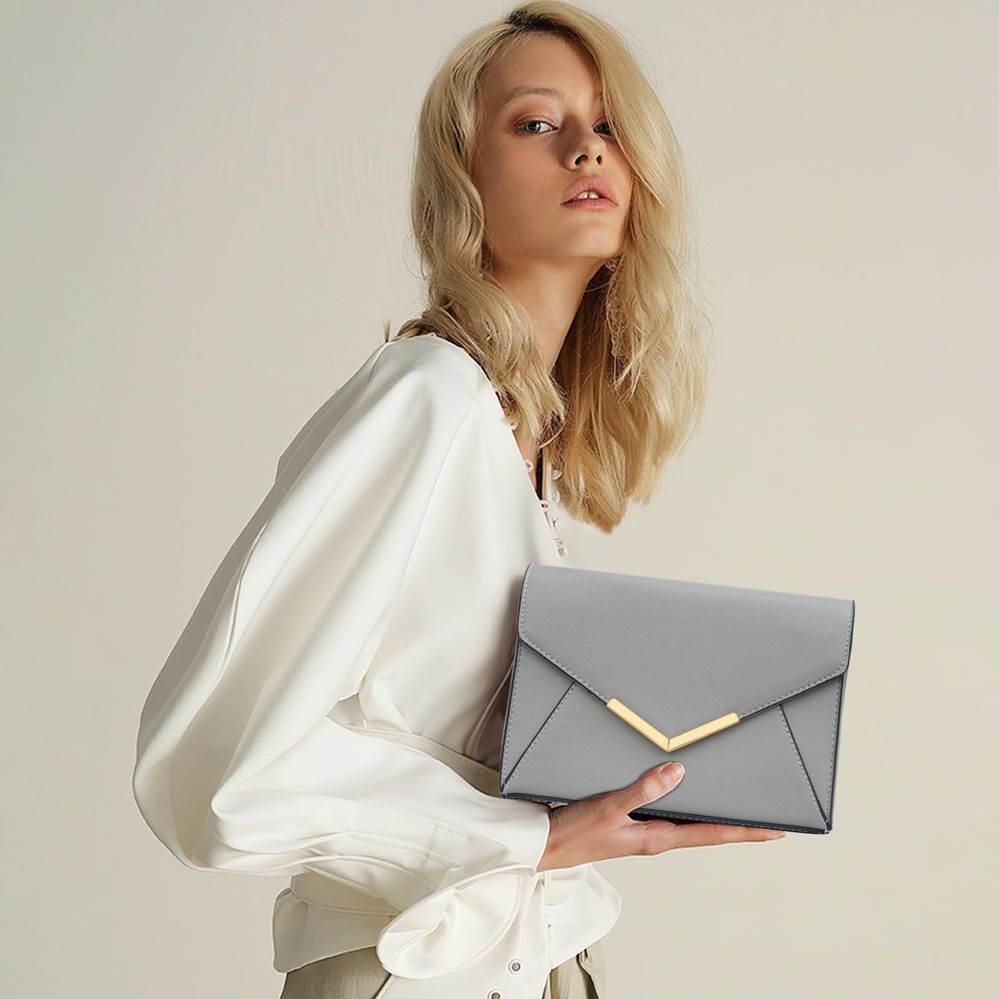KKXIU Women Elegant Faux Leather Evening Envelope Clutch Purse Foldover Bags for Party Wedding Prom (A-Grey)