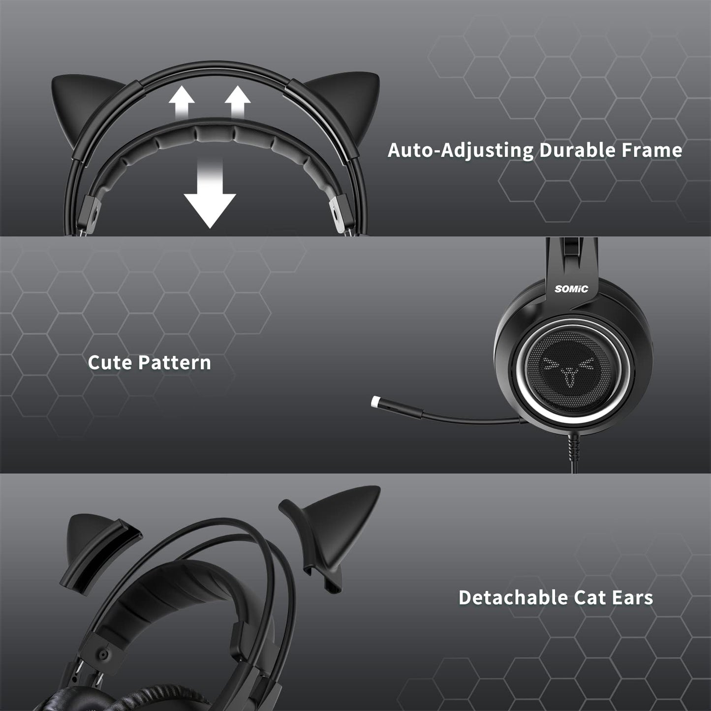 SOMIC Stereo Gaming Headset with Mic for PS4, PS5, Xbox One, PC, Mobile Phone, 3.5MM Sound Detachable Cat Ear Headphones Lightweight Self-Adjusting Over Ear Office Headphones G951S Black