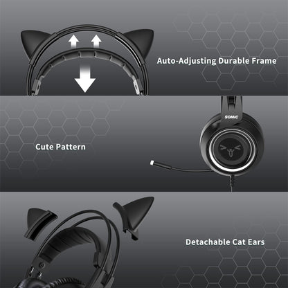 SOMIC Stereo Gaming Headset with Mic for PS4, PS5, Xbox One, PC, Mobile Phone, 3.5MM Sound Detachable Cat Ear Headphones Lightweight Self-Adjusting Over Ear Office Headphones G951S Black
