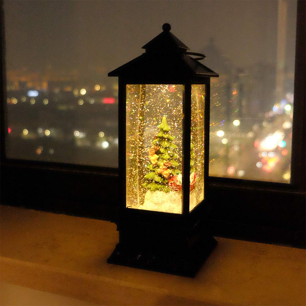 Wondise Lighted Musical Snow Globe Lantern with 6 Hour Timer, 12 Inches USB Powered & Battery Operated Spinning Water and Swirling Glitter Christmas Snow Globe Lantern Gifts(Santa and Tree)
