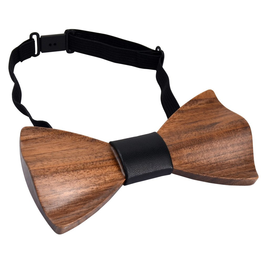Mr.Van Handcrafted 3D Walnut Wood Bow Tie with Genuine Leather Center - Pre-tied Adjustable Collar - Natural Wood Finish (Rounded)