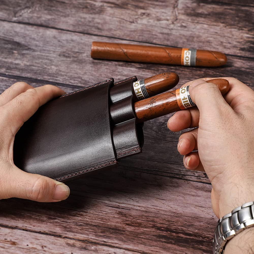 Cigar Case Holder Classic 3-Finger Leather Cigar Case Cigar Humidor Without Steel Cutter