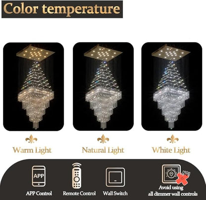 D40''X H80'' Extra Large Chandeliers for High Ceilings Crystal Raindrop Gold Chandeliers Large Villa Chandelier Entrance Foyer Square Ceiling Light LED Dimmable 2700K-6000K 16 led bulbs include