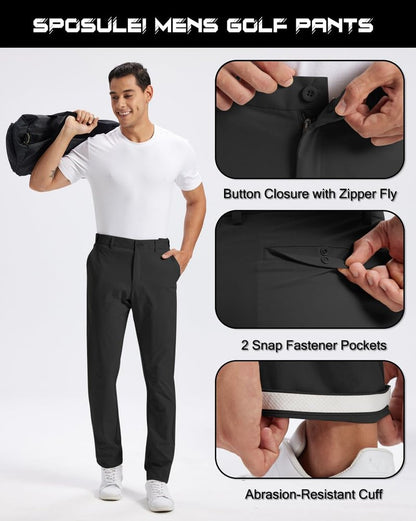 SPOSULEI Golf Pants for Mens Slacks Dress Quick Dry Lightweight Work Casual Comfort Relaxed fit Anti-Slip Trousers with Pockets Black 34Wx30L