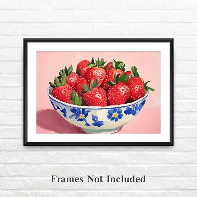 Yesad Strawberry Wall Art Print, Pink Kitchen Wall Décor Fruits Prints Canvas Wall Art Vintage Painting Pictures Modern Wall Décor for Living Room Dining Room Bedroom (Unframed,30”x20”, Strawberry)