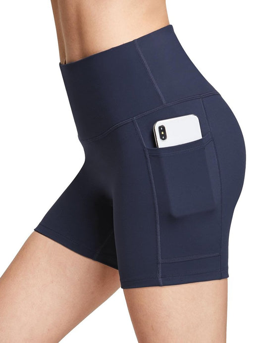 baleaf Biker Shorts Women Yoga Gym Workout Spandex Running Volleyball Tummy Control Compression with Pockets Soft 5" Blue XXXL