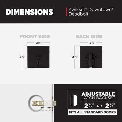 Kwikset Downtown Deadbolt Lock, Matte Black Square Exterior Keyed Front Entry Door, Pick Resistant SmartKey Rekey Security, Single Cylinder Dead Bolt, with Microban Protection