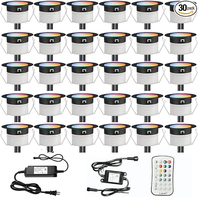 FVTLED Low Voltage Recessed RGBW Deck Light, 30pcs Φ1.22 RGB & Warm White Stainless Steel Waterproof Outdoor Step Lighting In-ground Landscape Pathway Patio Stair Decor Lamp, Black